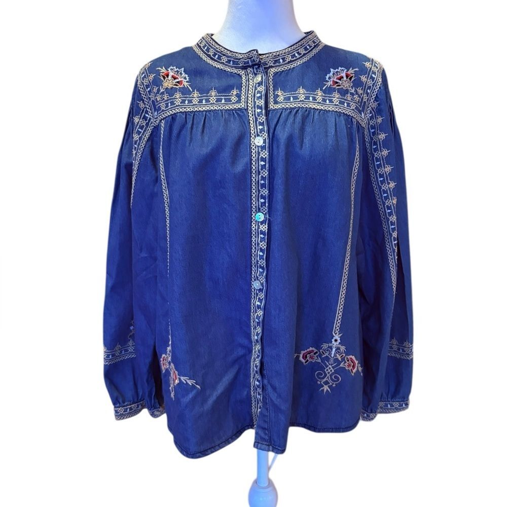 April Cornell Blue Denim Chambray Embroidered Blouse Button Down Womens Small